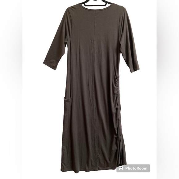 HORNY TOAD Muse Dress 3/4 Sleeve V-Neck Side Ruching Coffee Brown Sz L - Picture 2 of 13